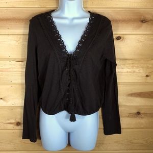 American Eagle Long-sleeve Lace front tie shirt, Gray, Size Medium